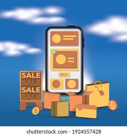 Online shopping concept. 3d realistic vector square. Shopping Online on Website. Mobile Application. shop set. Isometric gradient. e-commerce graphics. Vector illustration
