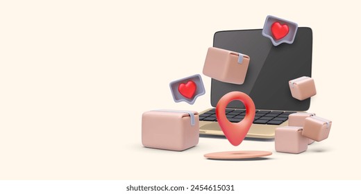 Online shopping concept with 3d realistic laptop, parcels, and social icons in realistic style. Vector illustration