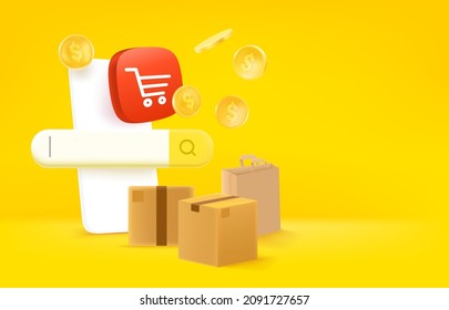 Online shopping concept. 3d vector banner with copy space