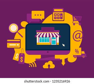 Online shopping concept, abstract set of icons of sales and marketing, vector illustration