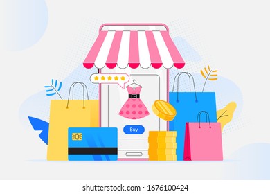 Online shopping concept. Shopping app on big smartphone screen, bank card and pile of coins in front of smartphone, Shopping bags on background, vector illustration
