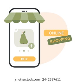 Online shopping concept. App on phone screen. E-commerce. Buy vegetables online. Flat vector illustration
