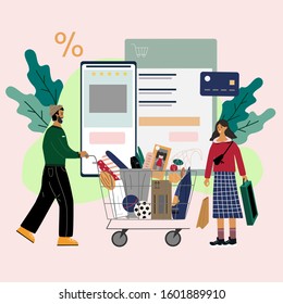 Online shopping concept for app, website banner, landing page. Happy couple with  shopping cart and bags standing together after shopping from retail app from virtual store. Flat cartoon illustration.
