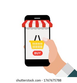 Online Shopping concept background with hand holding mobile market phone . Vector Illustration EPS10