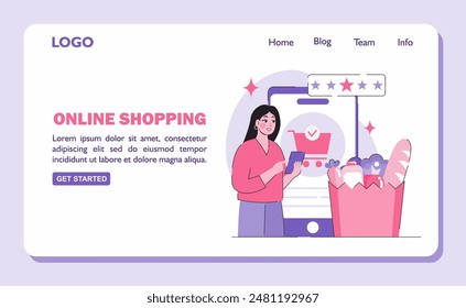 Online shopping concept banner. Buying groceries online. Flat vector illustration.