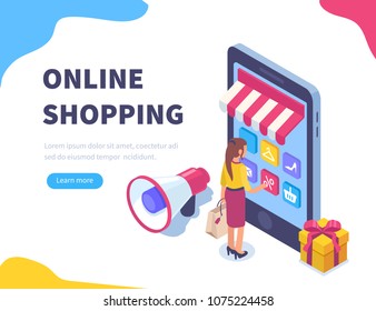 Online shopping concept banner with characters. Can use for web banner, infographics, hero images. Flat isometric vector illustration isolated on white background.