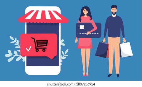 Online shopping concept banner with characters. Can use for web banner, infographics, hero images. Flat isometric vector illustration isolated on blue background.