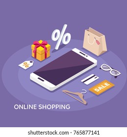 
Online shopping concept banner. Flat isometric vector illustration.