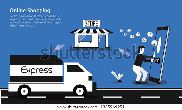 Online shopping concept banner with hand\
holding smartphone. step by step to purchase goods on internet via\
phone. Flat vector illustration with catchy color and isolated with\
blue background