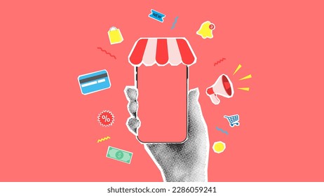 Online shopping concept banner. Vector illustration with hand holding phone. Collage with paper cut elements for decoration sale events. Creative trend collage.