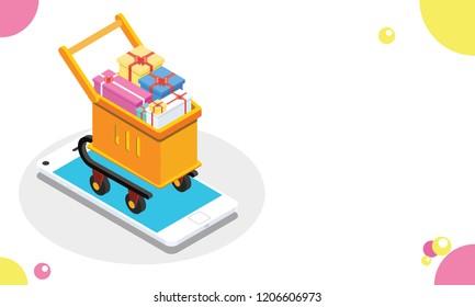 Online shopping concept based design, shopping cart on isometric smartphone screen, Online shopping app in mobile phone.