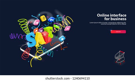 Online shopping concept based design, shopping cart on isometric smartphone screen