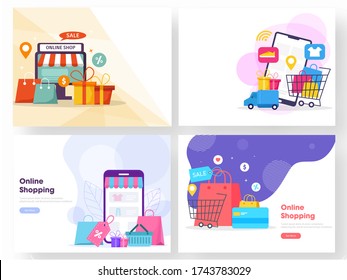 Online Shopping Concept Based Web Template Set with Desktop, Smartphone, Carry Bags, Gift Boxes, Location Track, Delivery Truck and Payment Card.