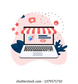 Online shopping concept, shopping basket and man, buying online store	