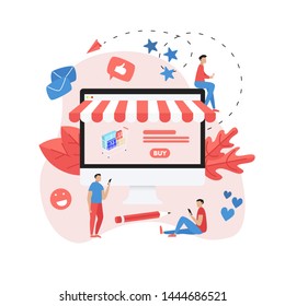 Online shopping concept, shopping basket and man, buying online store	