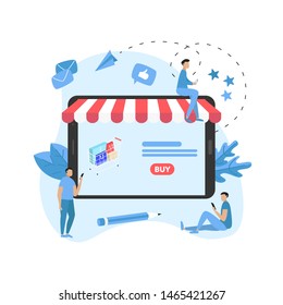 Online shopping concept, shopping basket and small people, buying online store	