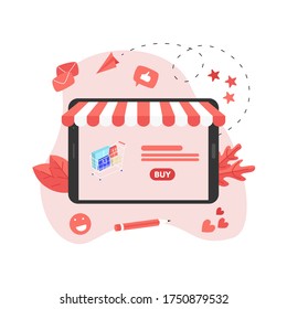 Online shopping concept, shopping basket and small people, buying online store	
