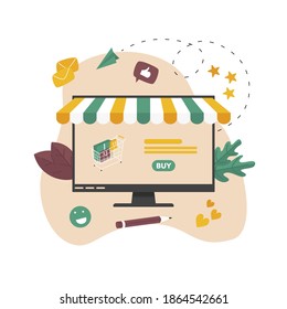 Online shopping concept, shopping basket and small people, buying online store