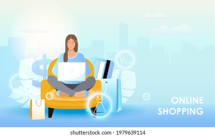 Online shopping concept. Beautiful young woman sits with a laptop on her lap. Around the girl shopping basket, credit card, bag for shop. In the background is the urban landscape. Vector illustration