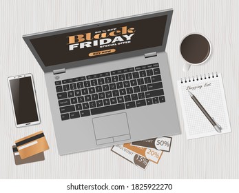 Online shopping concept. Black friday sale. Workspace with laptop, smartphone, credit cards and discount coupons. Top view, flat lay. Vector illustration