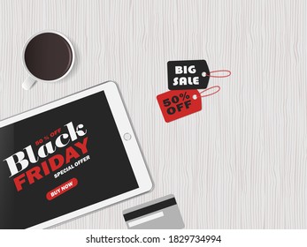 Online shopping concept. Black friday. Big sale. Workspace with tablet, red and black tags and credit card. Top view, flat lay. Vector illustration