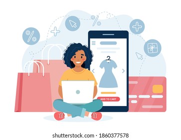 Online shopping concept with black woman character