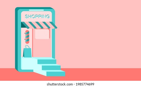 Online shopping concept, the blue phone has a shop inside. on a pink background. Leave blank spaces for product names, product logos, concepts, details.