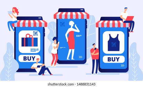 Online shopping concept. Boy and girl, vector buyers with laptop and phones. Online store and customers vector illustration