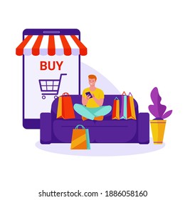 Online shopping concept. Boy on the couch with shopping bags, with a smartphone. Vector illustration in flat cartoon style.