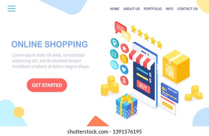 Online shopping concept. Buy in retail shop by internet. Discount sale. 3d isometric mobile phone, smartphone with money, credit card, customer review, feedback, gift box. Vector design for banner