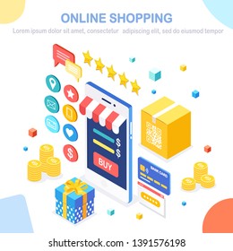 Online shopping concept. Buy in retail shop by internet. Discount sale. 3d isometric mobile phone, smartphone with money, credit card, customer review, feedback, gift box. Vector design for banner