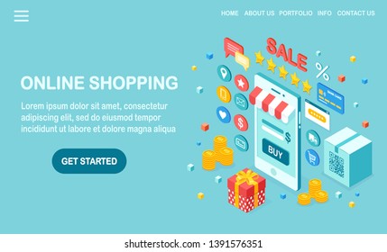 Online shopping concept. Buy in retail shop by internet. Discount sale. 3d isometric mobile phone, smartphone with money, credit card, customer review, feedback, gift box. Vector design for banner