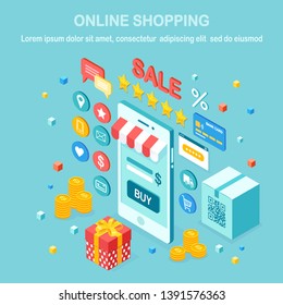 Online shopping concept. Buy in retail shop by internet. Discount sale. 3d isometric mobile phone, smartphone with money, credit card, customer review, feedback, gift box. Vector design for banner