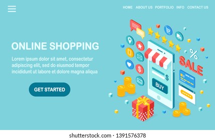 Online shopping concept. Buy in retail shop by internet. Discount sale. 3d isometric mobile phone, smartphone with money, credit card, customer review, feedback, gift box. Vector design for banner