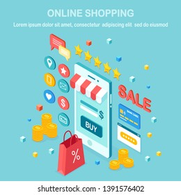 Online shopping concept. Buy in retail shop by internet. Discount sale. 3d isometric mobile phone, smartphone with money, credit card, customer review, feedback, bag, package. Vector design for banner
