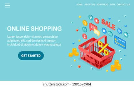 Online shopping concept. Buy in retail shop by internet. Discount sale. 3d isometric basket with money, credit card, customer review, feedback, store icons. Vector design for banner