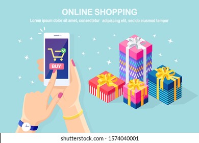 Online shopping concept. Buy in retail shop by internet. Discount christmas sale. 3d isometric gift box, bag, pile of package. Mobile phone, smartphone with cart icon in hand. Vector design for banner