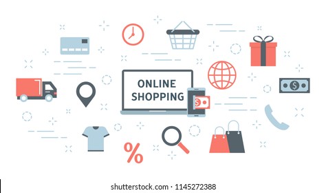 Online shopping concept. Buying goods and making payments online on the web sites using devices. Modern technology, internet and e-commerce. Set of shopping icons. Isolated flat vector illustration