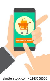 Online shopping concept. Buying goods and making payments online on the web sites using mobile phone. Modern technology, internet and e-commerce. Flat vector illustration