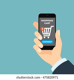 Online shopping concept. Buying products and service through Internet. Shopping cart with checkout button.