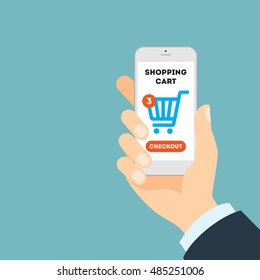 Online shopping concept. Buying products and service through Internet. Shopping cart with checkout button.