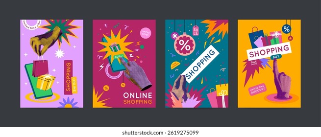Online Shopping Concept Card Set with Contemporary Art Collage Elements. Vector illustration of Special Offer Season Limited Discount