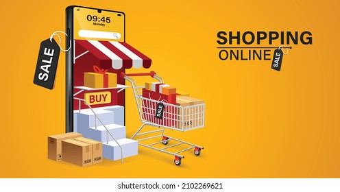 Online shopping concept. Shopping cart with bags standing upon big mobile phone. Flat vector design