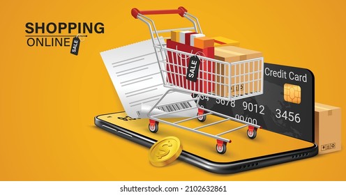 Online shopping concept. Shopping cart with bags standing upon big mobile phone. Flat vector design