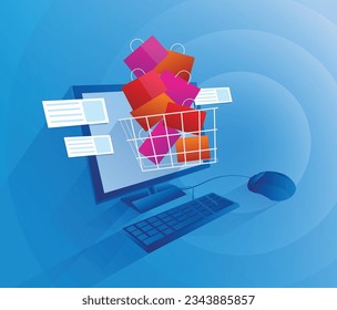 Online shopping concept. Shopping cart with bags and big computer screen. Flat vector design isolated on blue background.