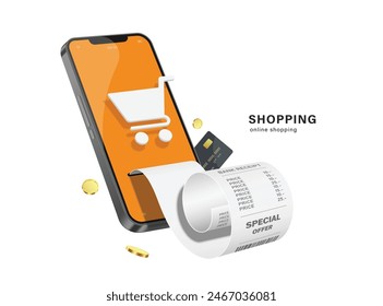 online shopping concept ,shopping cart or basket icon on smartphone screen With credit card inserted into side to pay, after that receipt paper came out and gold coins floated around, vector 3d