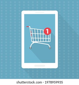 online shopping concept, cart with notification on phone screen- vector illustration