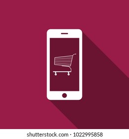 Online shopping concept. Shopping cart on screen smartphone icon isolated with long shadow. Concept e-commerce, e-business, online business marketing. Flat design. Vector Illustration