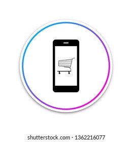 Online shopping concept. Shopping cart on screen smartphone icon isolated on white background. Concept e-commerce, e-business, online business marketing. Circle white button. Vector Illustration