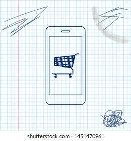 Online shopping concept. Shopping cart on screen smartphone line sketch icon isolated on white background. Concept e-commerce, e-business, online business marketing. Vector Illustration